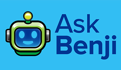 robot face next to word Ask Benji